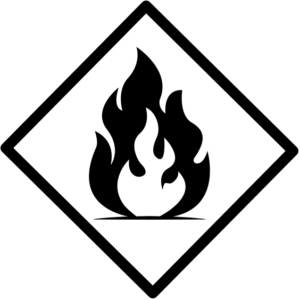 Flammable item sign. The icon is a diamond shape with no background and black outlines. Inside the diamond shape, there is an illustration of a fire that is sitting on top of a rectangle block.