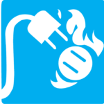 Blue Class C fire symbol showing a white letter “C” inside a blue circle above an icon of an electrical plug and outlet with flames, indicating fires involving energized electrical equipment.